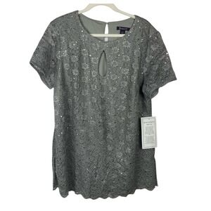 ROAMAN'S Woman's Size 22W Gray Sequins Special Occasions Top Key Hole Blouse NWT